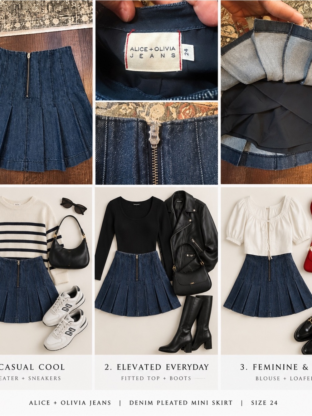 Alice + Olivia Navy Denim Pleated Mini Skirt with Front Zip